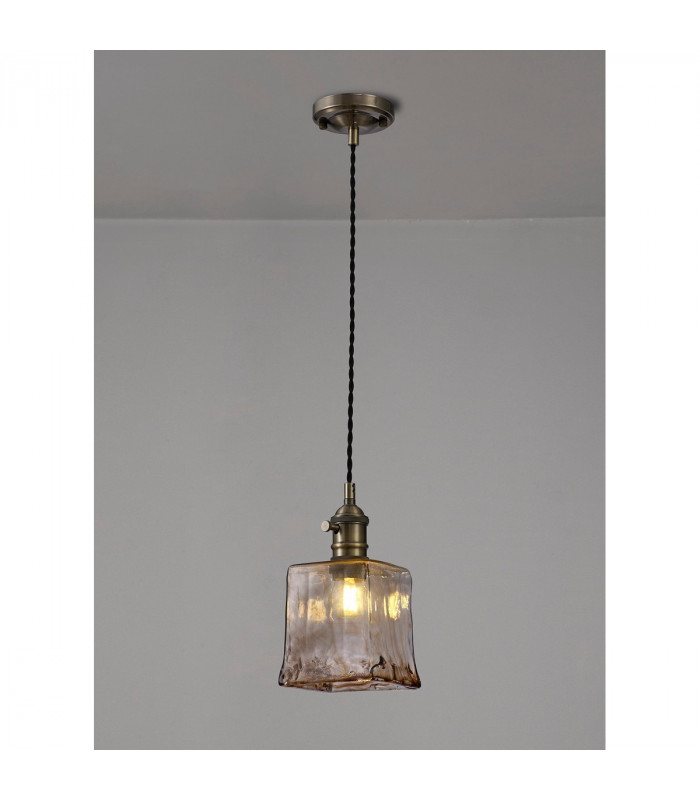 Leyden Switched Ceiling Pendant 1.5m E27 Antique Brass Black Twisted Cable Brown Square Glass-3