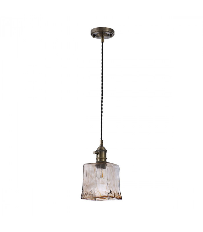 Leyden Switched Ceiling Pendant 1.5m E27 Antique Brass Black Twisted Cable Brown Square Glass-4