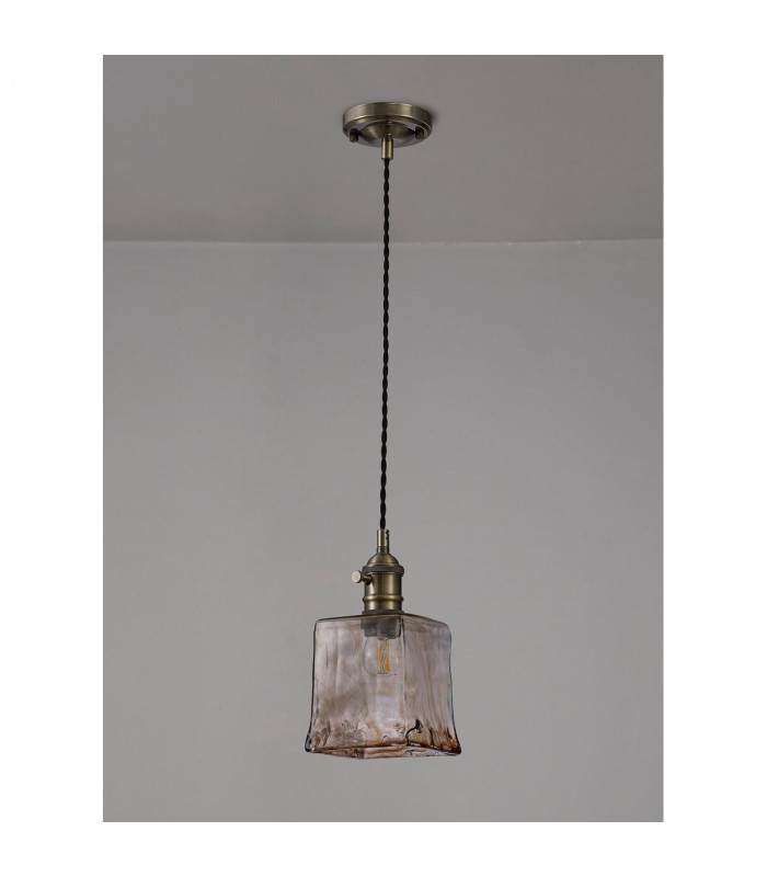 Leyden Switched Ceiling Pendant 1.5m E27 Antique Brass Black Twisted Cable Brown Square Glass-8