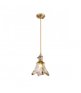 Leyden Switched Ceiling Pendant 1.5m E27 Antique Brass Golden Brown Braided Cable Brown Flower Glass-1