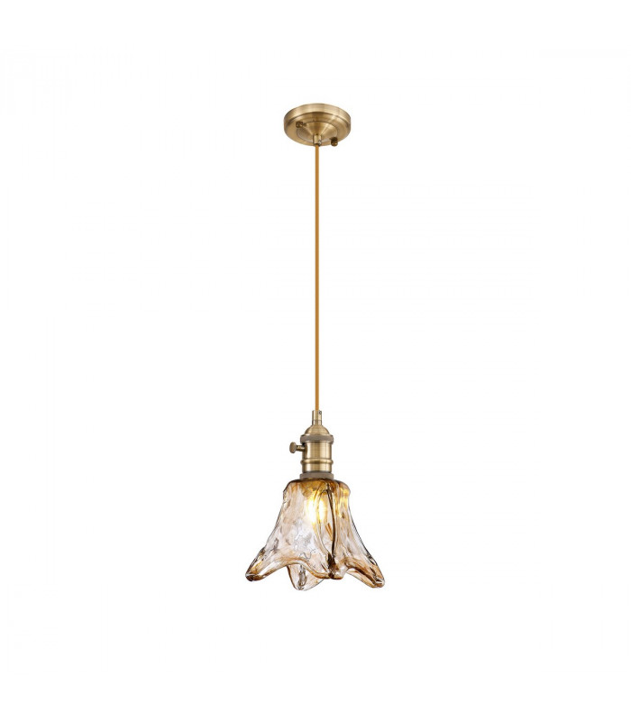 Leyden Switched Ceiling Pendant 1.5m E27 Antique Brass Golden Brown Braided Cable Brown Flower Glass-1
