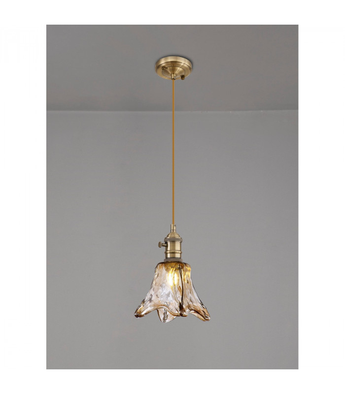 Leyden Switched Ceiling Pendant 1.5m E27 Antique Brass Golden Brown Braided Cable Brown Flower Glass-3