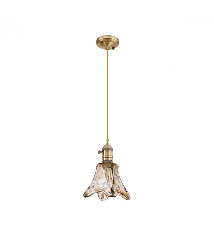 Leyden Switched Ceiling Pendant 1.5m E27 Antique Brass Golden Brown Braided Cable Brown Flower Glass-4