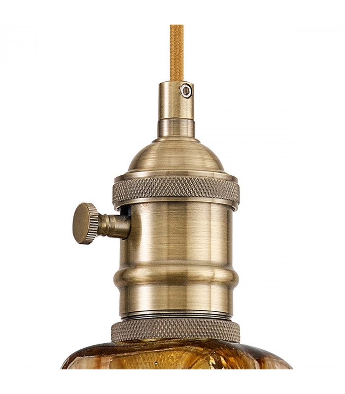 Leyden Switched Ceiling Pendant 1.5m E27 Antique Brass Golden Brown Braided Cable Brown Flower Glass-6
