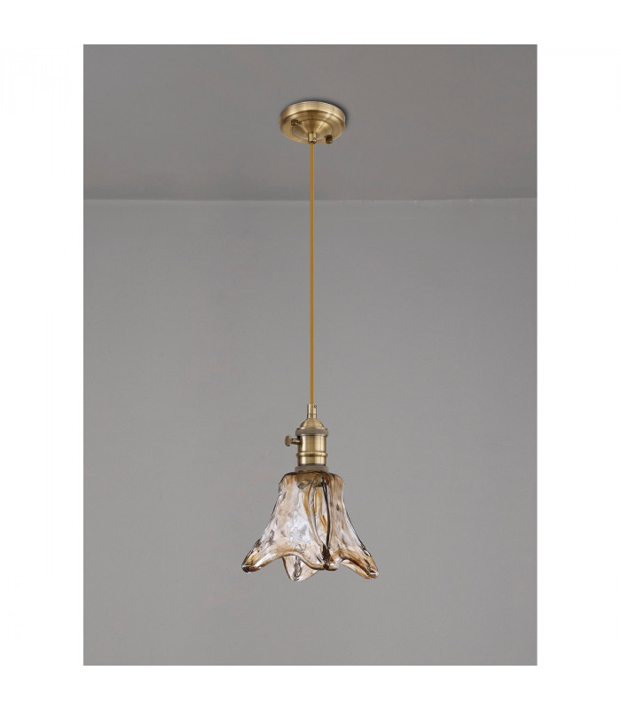 Leyden Switched Ceiling Pendant 1.5m E27 Antique Brass Golden Brown Braided Cable Brown Flower Glass-8