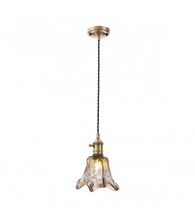 Leyden Switched Ceiling Pendant 1.5m E27 Antique Brass Black Twisted Cable Brown Flower Glass-1