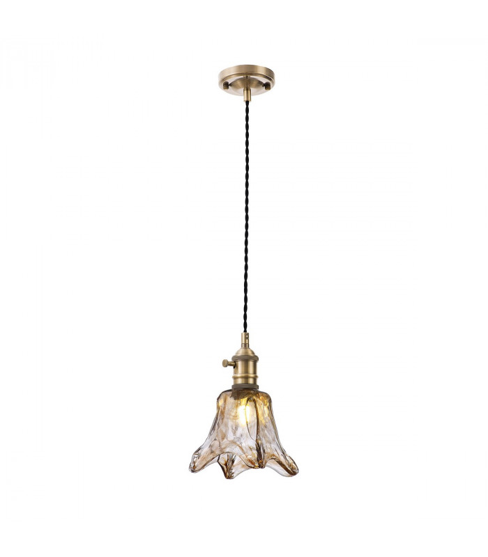 Leyden Switched Ceiling Pendant 1.5m E27 Antique Brass Black Twisted Cable Brown Flower Glass-1