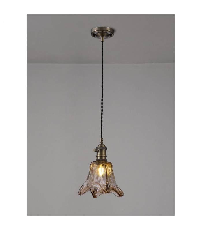 Leyden Switched Ceiling Pendant 1.5m E27 Antique Brass Black Twisted Cable Brown Flower Glass-3