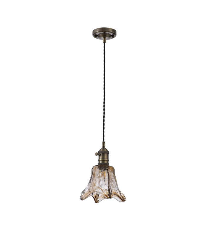 Leyden Switched Ceiling Pendant 1.5m E27 Antique Brass Black Twisted Cable Brown Flower Glass-4