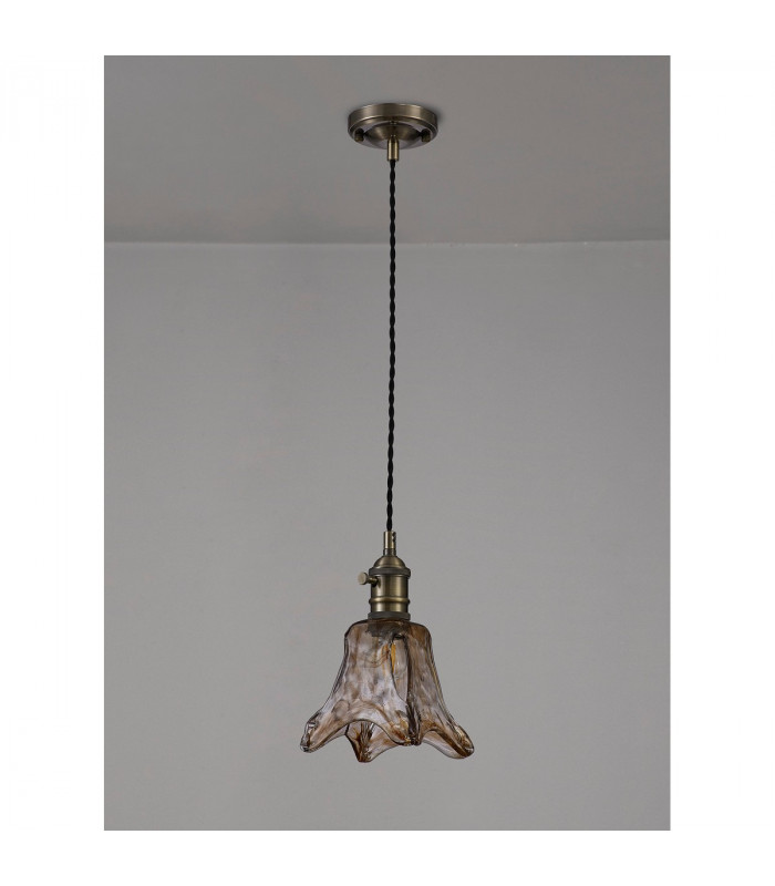 Leyden Switched Ceiling Pendant 1.5m E27 Antique Brass Black Twisted Cable Brown Flower Glass-8