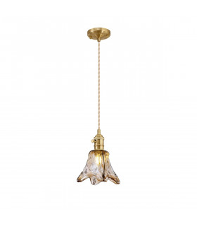 Leyden Switched Ceiling Pendant 1.5m E27 Brass Pale Gold Twisted Cable Brown Flower Glass-1