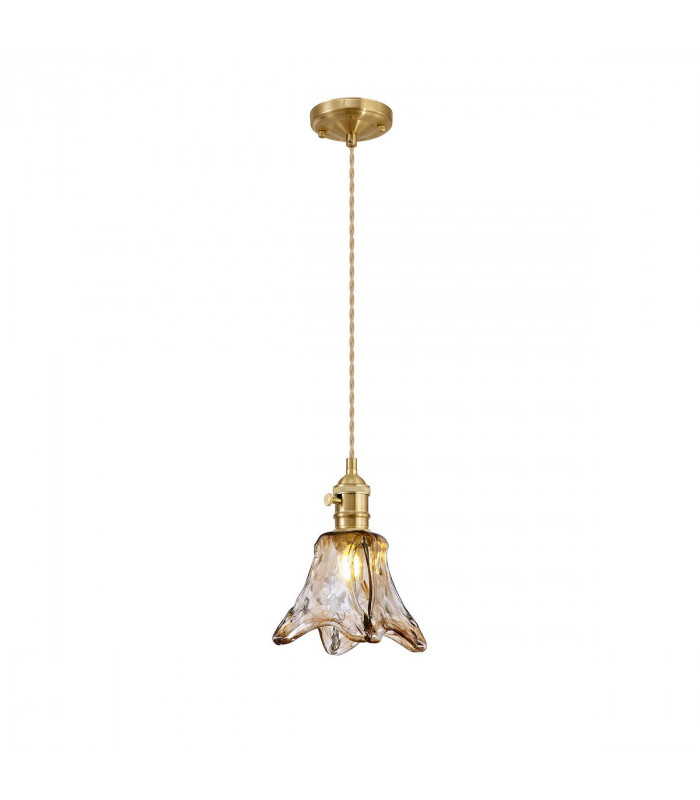 Leyden Switched Ceiling Pendant 1.5m E27 Brass Pale Gold Twisted Cable Brown Flower Glass-1