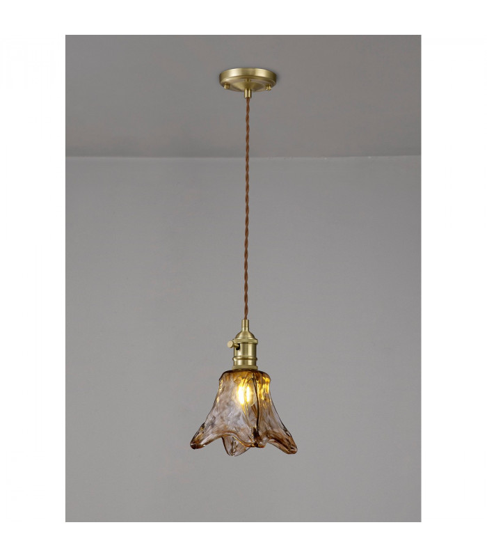 Leyden Switched Ceiling Pendant 1.5m E27 Brass Pale Gold Twisted Cable Brown Flower Glass-3