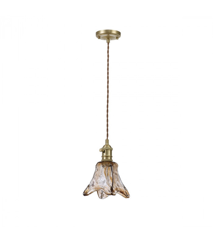 Leyden Switched Ceiling Pendant 1.5m E27 Brass Pale Gold Twisted Cable Brown Flower Glass-4