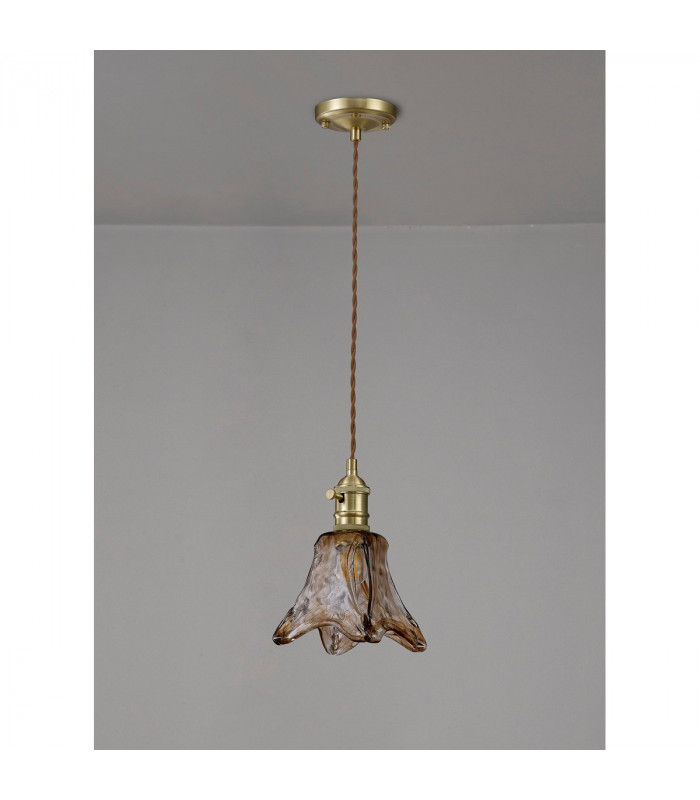 Leyden Switched Ceiling Pendant 1.5m E27 Brass Pale Gold Twisted Cable Brown Flower Glass-8