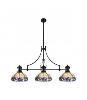 Worcester 3 Light Linear Ceiling Pendant E27 With 30cm Tiffany Shade Matt Black Blue Clear Crystal-1
