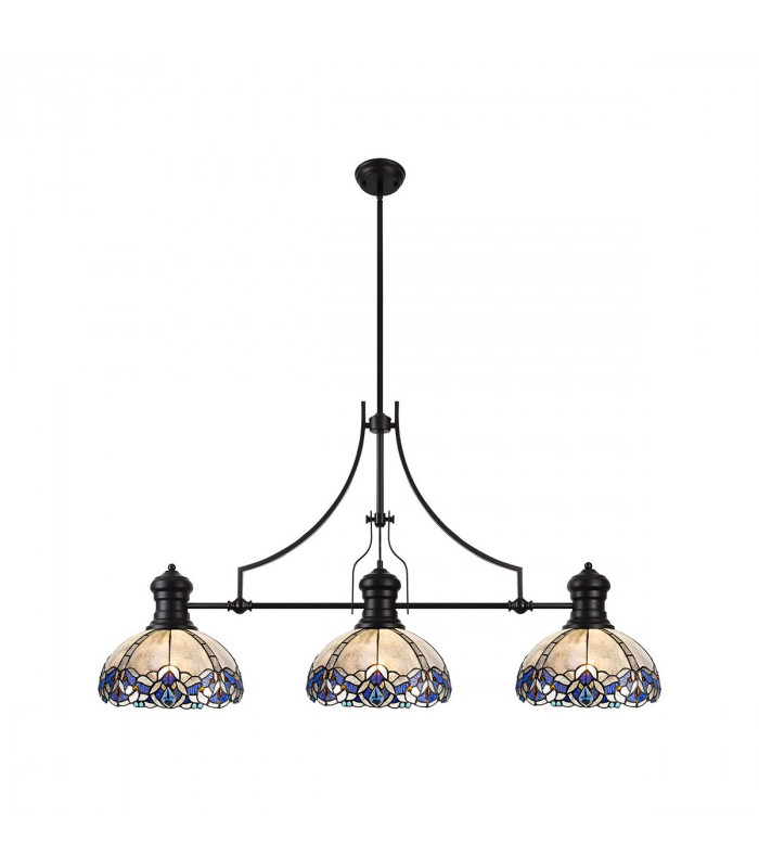Worcester 3 Light Linear Ceiling Pendant E27 With 30cm Tiffany Shade Matt Black Blue Clear Crystal-1