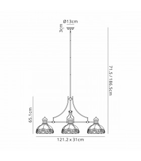 Worcester 3 Light Linear Ceiling Pendant E27 With 30cm Tiffany Shade Matt Black Blue Clear Crystal-2