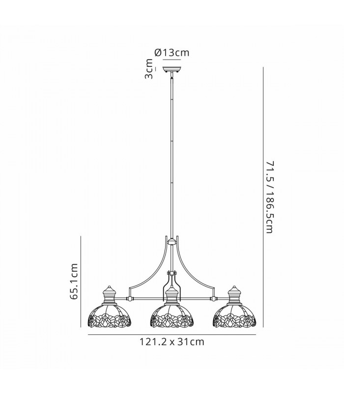 Worcester 3 Light Linear Ceiling Pendant E27 With 30cm Tiffany Shade Matt Black Blue Clear Crystal-2