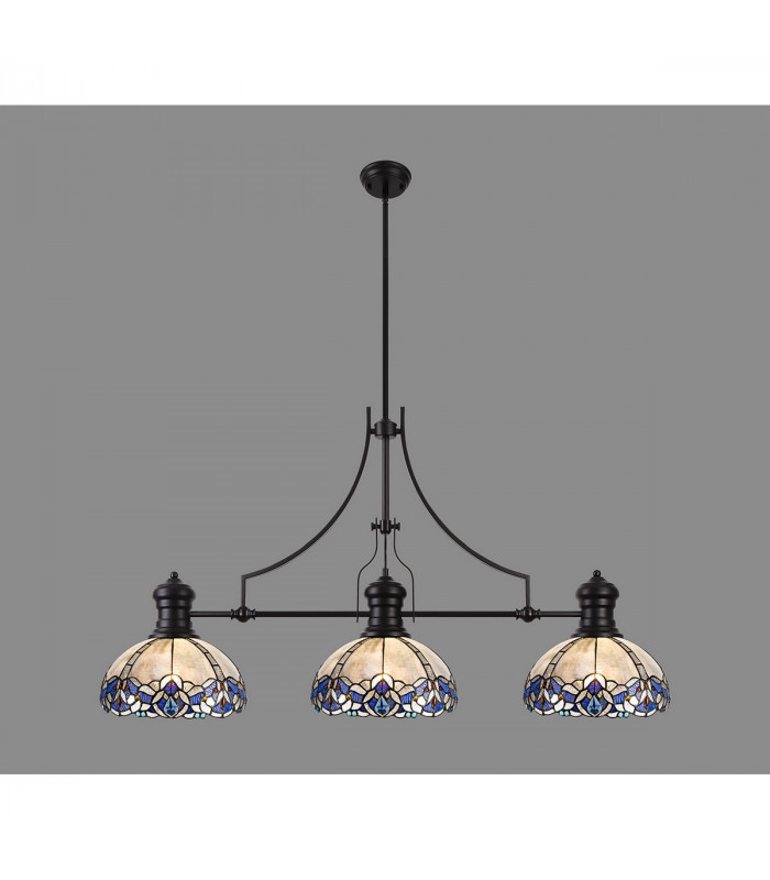Worcester 3 Light Linear Ceiling Pendant E27 With 30cm Tiffany Shade Matt Black Blue Clear Crystal-3