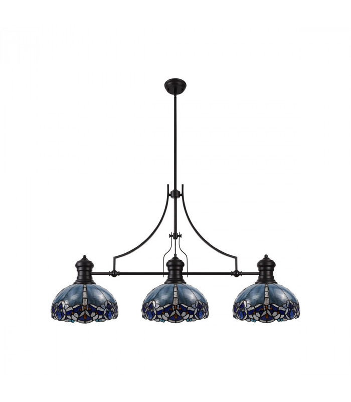 Worcester 3 Light Linear Ceiling Pendant E27 With 30cm Tiffany Shade Matt Black Blue Clear Crystal-6