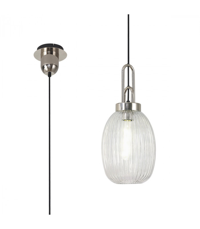 Yorktown Ceiling Pendant E27 With 20cm Almond Ribbed Glass Clear Polished Nickel Matt Black-1