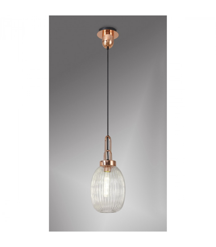 Yorktown Ceiling Pendant E27 With 20cm Almond Ribbed Glass Clear Copper Matt Black-3
