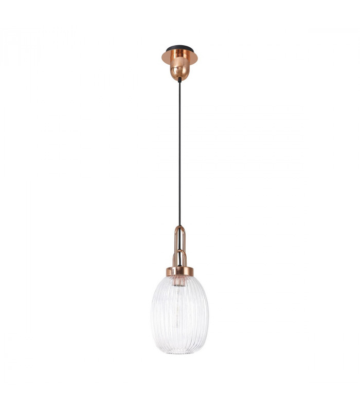 Yorktown Ceiling Pendant E27 With 20cm Almond Ribbed Glass Clear Copper Matt Black-4