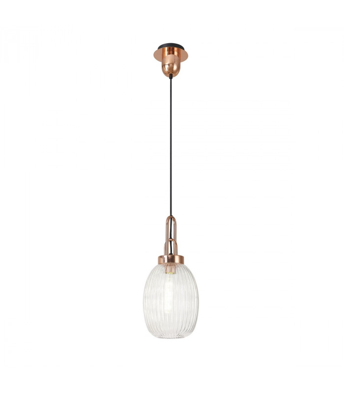 Yorktown Ceiling Pendant E27 With 20cm Almond Ribbed Glass Clear Copper Matt Black-5