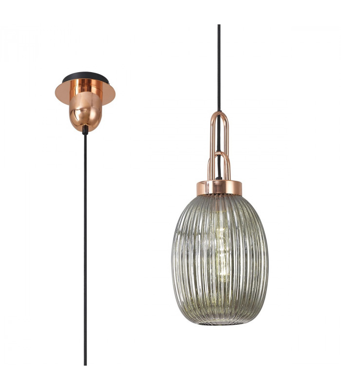 Yorktown Ceiling Pendant E27 With 20cm Almond Ribbed Glass Smoked Copper Matt Black-1