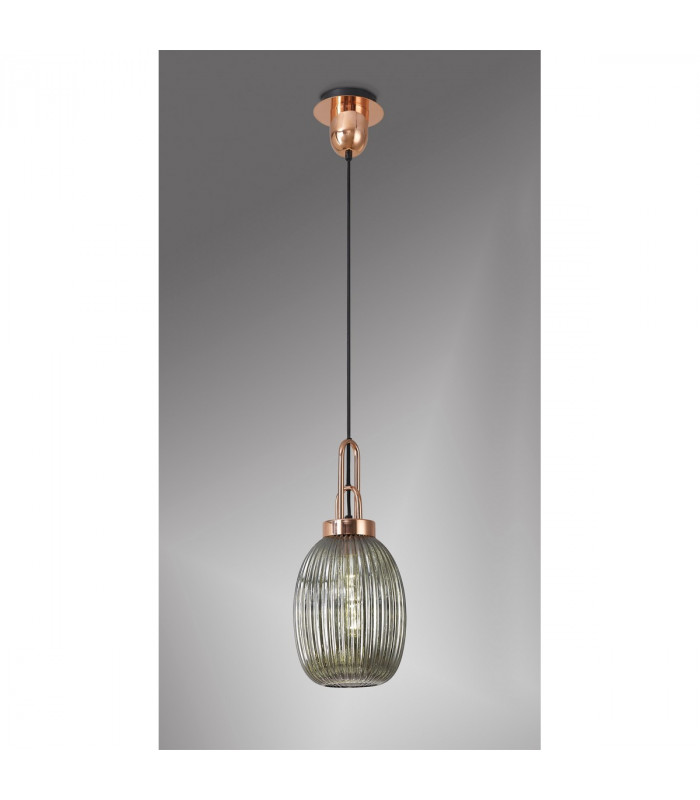 Yorktown Ceiling Pendant E27 With 20cm Almond Ribbed Glass Smoked Copper Matt Black-3