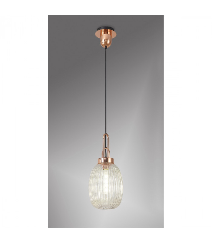 Yorktown Ceiling Pendant E27 With 20cm Almond Ribbed Glass Champagne Copper Matt Black-3