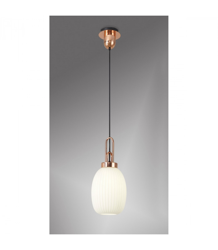 Yorktown Ceiling Pendant E27 With 20cm Almond Ribbed Glass Opal Copper Matt Black-3