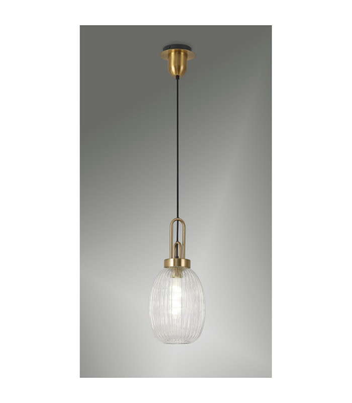Yorktown Ceiling Pendant E27 With 20cm Almond Ribbed Glass Clear Brass Gold Matt Black-3