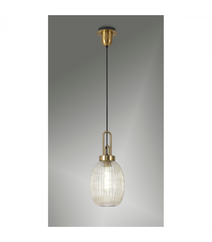 Yorktown Ceiling Pendant E27 With 20cm Almond Ribbed Glass Champagne Brass Gold Matt Black-3