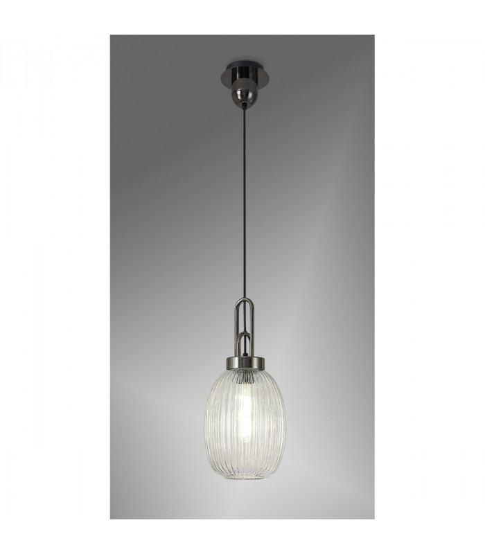 Yorktown Ceiling Pendant E27 With 20cm Almond Ribbed Glass Clear Black Chrome Matt Black-3
