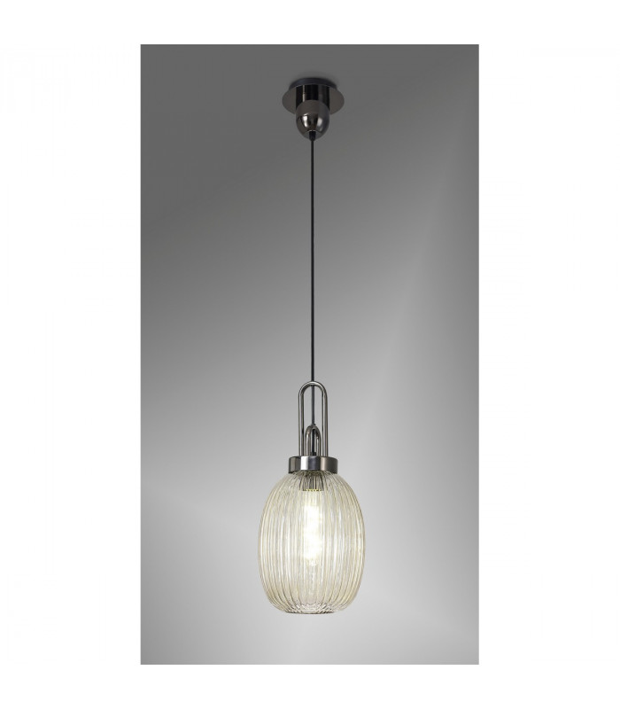 Yorktown Ceiling Pendant E27 With 20cm Almond Ribbed Glass Champagne Black Chrome Matt Black-3