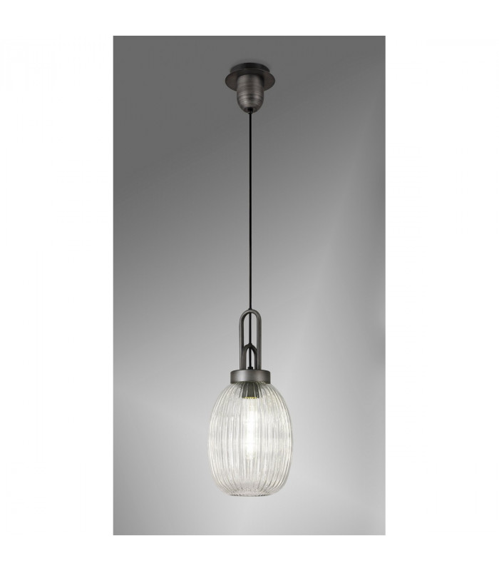 Yorktown Ceiling Pendant E27 20cm Almond Ribbed Glass Clear Black Aged Pewter-3