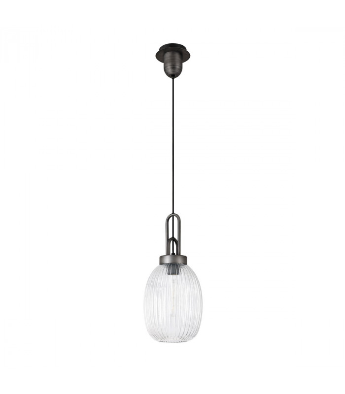 Yorktown Ceiling Pendant E27 20cm Almond Ribbed Glass Clear Black Aged Pewter-4
