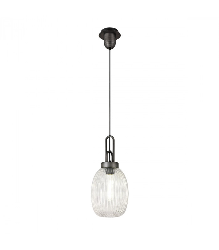 Yorktown Ceiling Pendant E27 20cm Almond Ribbed Glass Clear Black Aged Pewter-5