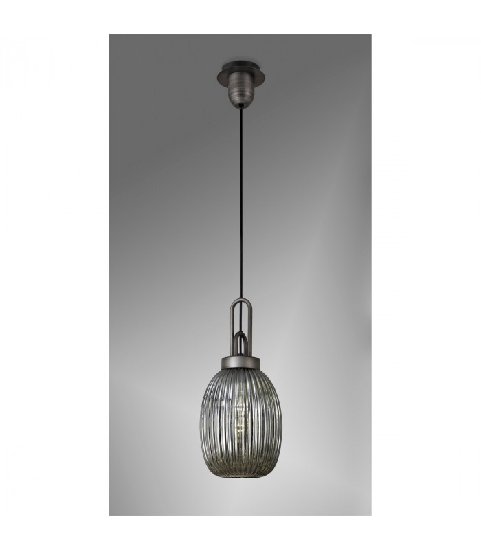 Yorktown Ceiling Pendant E27 20cm Almond Ribbed Glass Smoked Black Aged Pewter-3