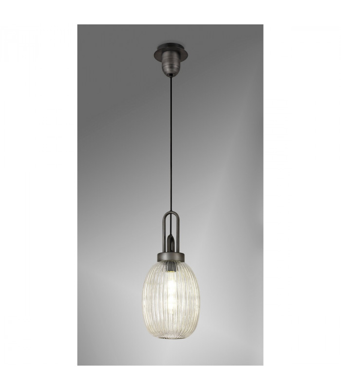 Yorktown Ceiling Pendant E27 20cm Almond Ribbed Glass Champagne Black Aged Pewter-3