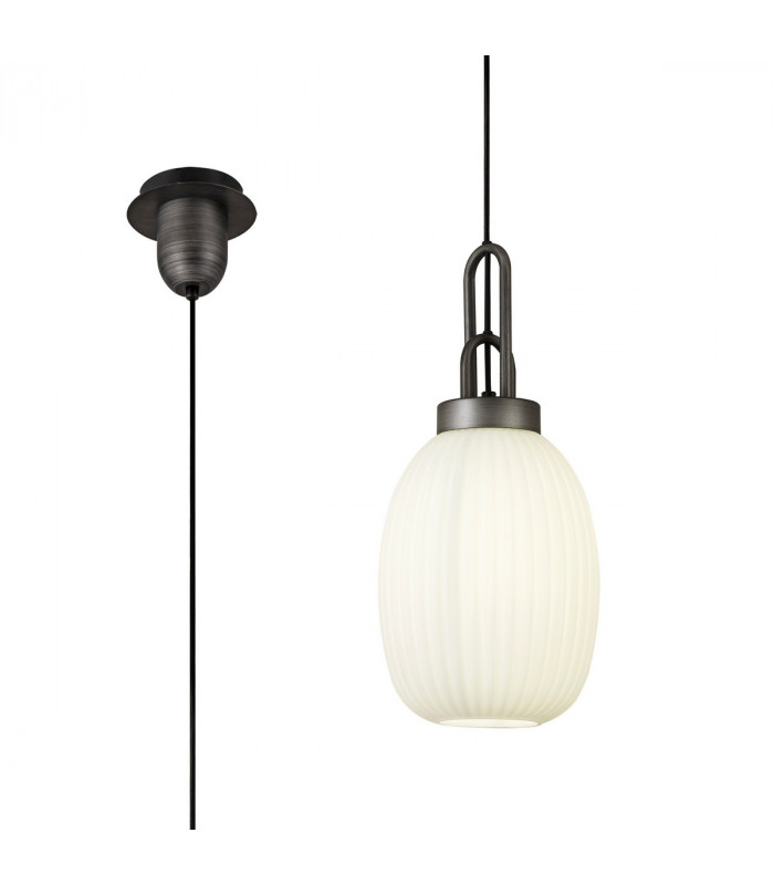 Yorktown Ceiling Pendant E27 20cm Almond Ribbed Glass Opal Black Aged Pewter-1