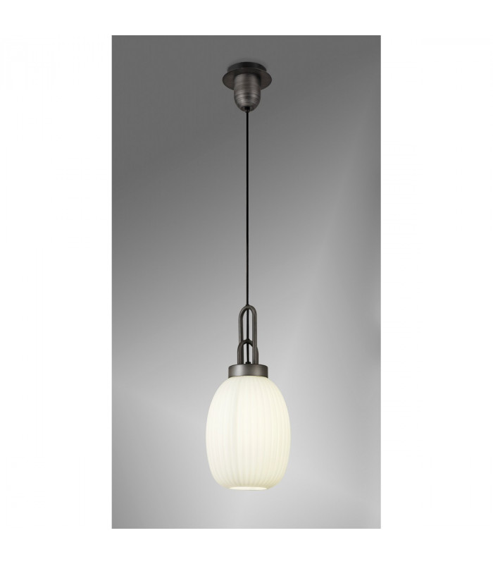 Yorktown Ceiling Pendant E27 20cm Almond Ribbed Glass Opal Black Aged Pewter-3