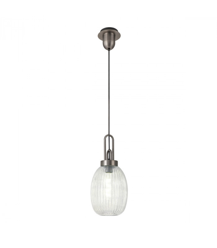 Yorktown Ceiling Pendant E27 20cm Almond Ribbed Glass Clear Antique Silver Black-5