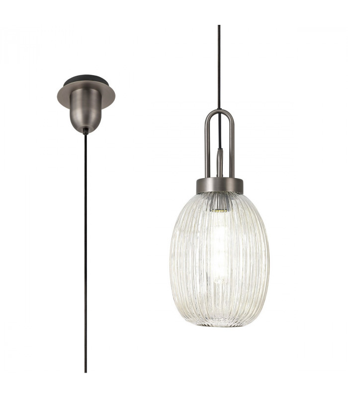 Yorktown Ceiling Pendant E27 20cm Almond Ribbed Glass Champagne Antique Silver Black-1