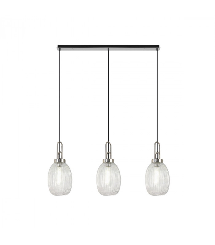 Yorktown Linear 3 Light Ceiling Pendant E27 With 20cm Almond Ribbed Glass Clear Polished Nickel Matt Black-1