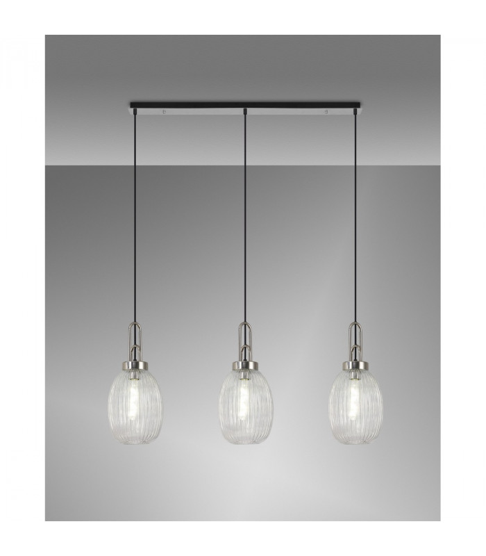 Yorktown Linear 3 Light Ceiling Pendant E27 With 20cm Almond Ribbed Glass Clear Polished Nickel Matt Black-3