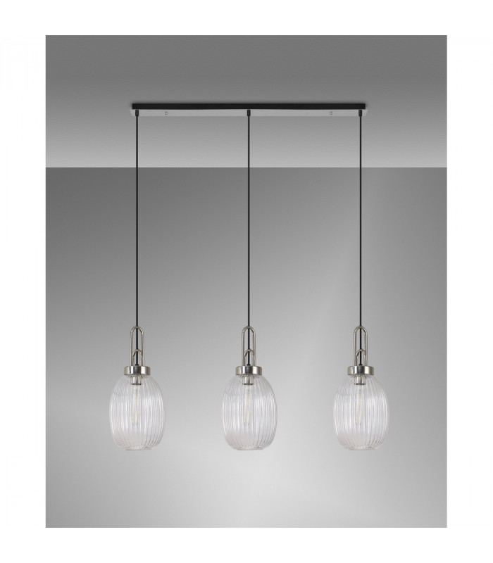 Yorktown Linear 3 Light Ceiling Pendant E27 With 20cm Almond Ribbed Glass Clear Polished Nickel Matt Black-10
