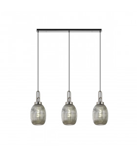 Yorktown Linear 3 Light Ceiling Pendant E27 With 20cm Almond Ribbed Glass Smoked Polished Nickel Matt Black-1